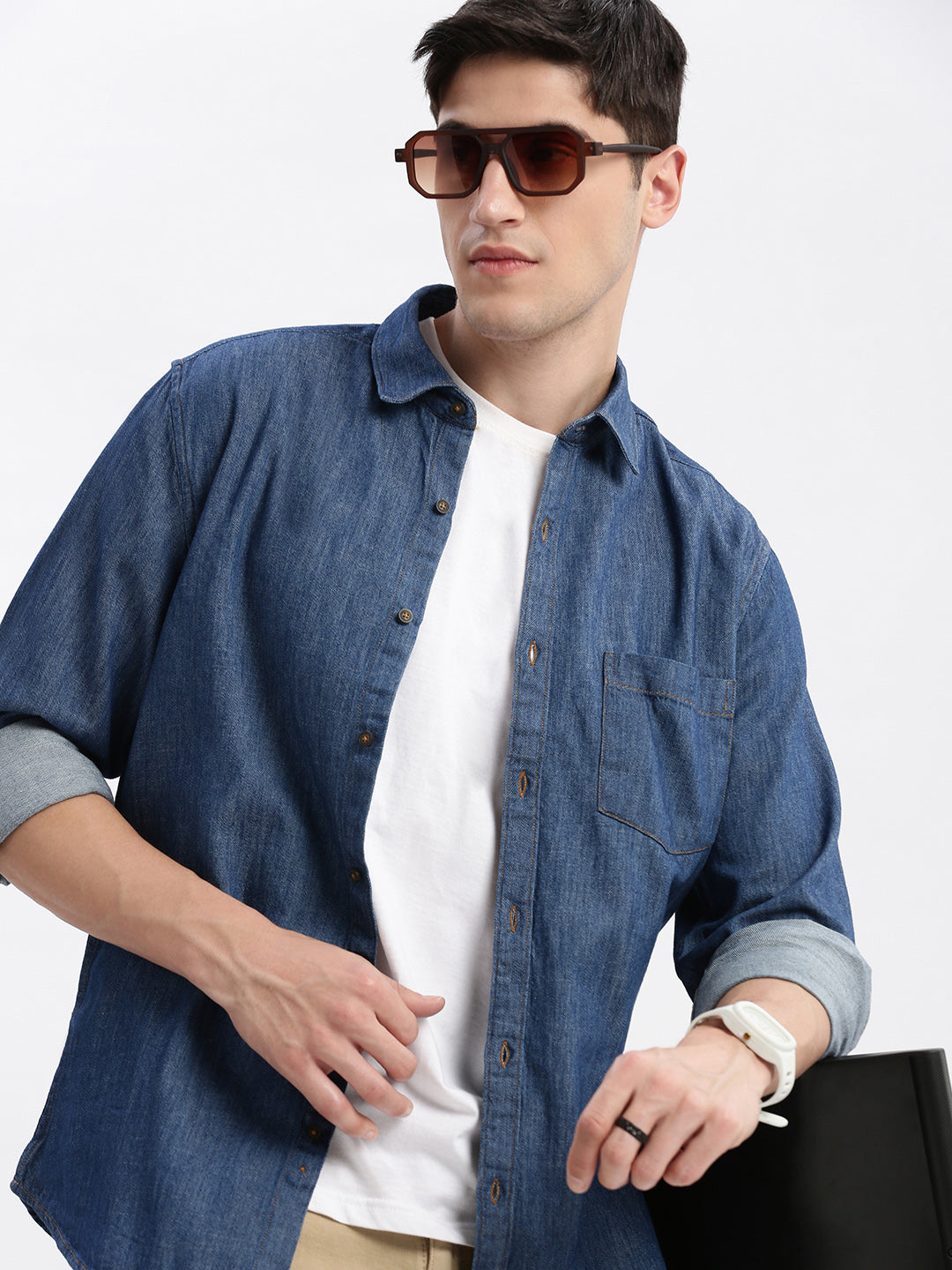 Men Spread Collar Solid Blue Shirt