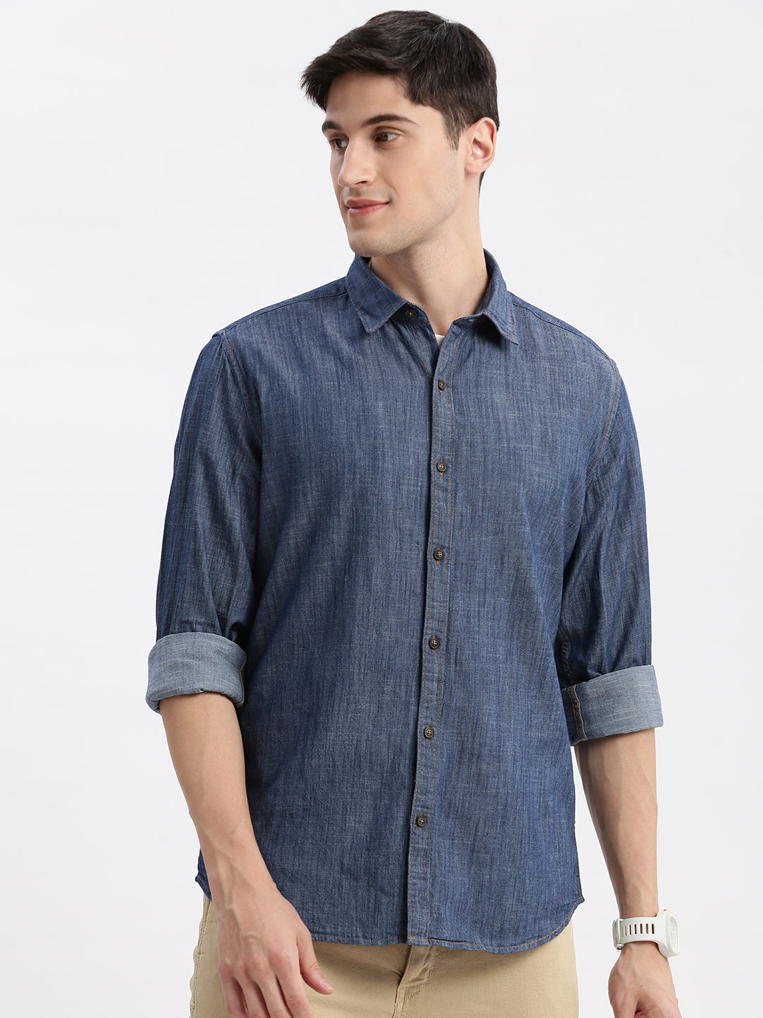 Men Spread Collar Solid Blue Shirt