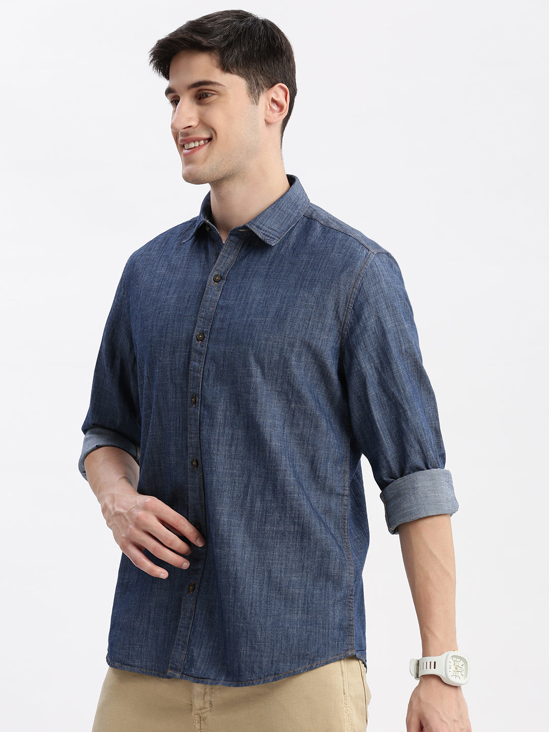 Men Spread Collar Solid Blue Shirt