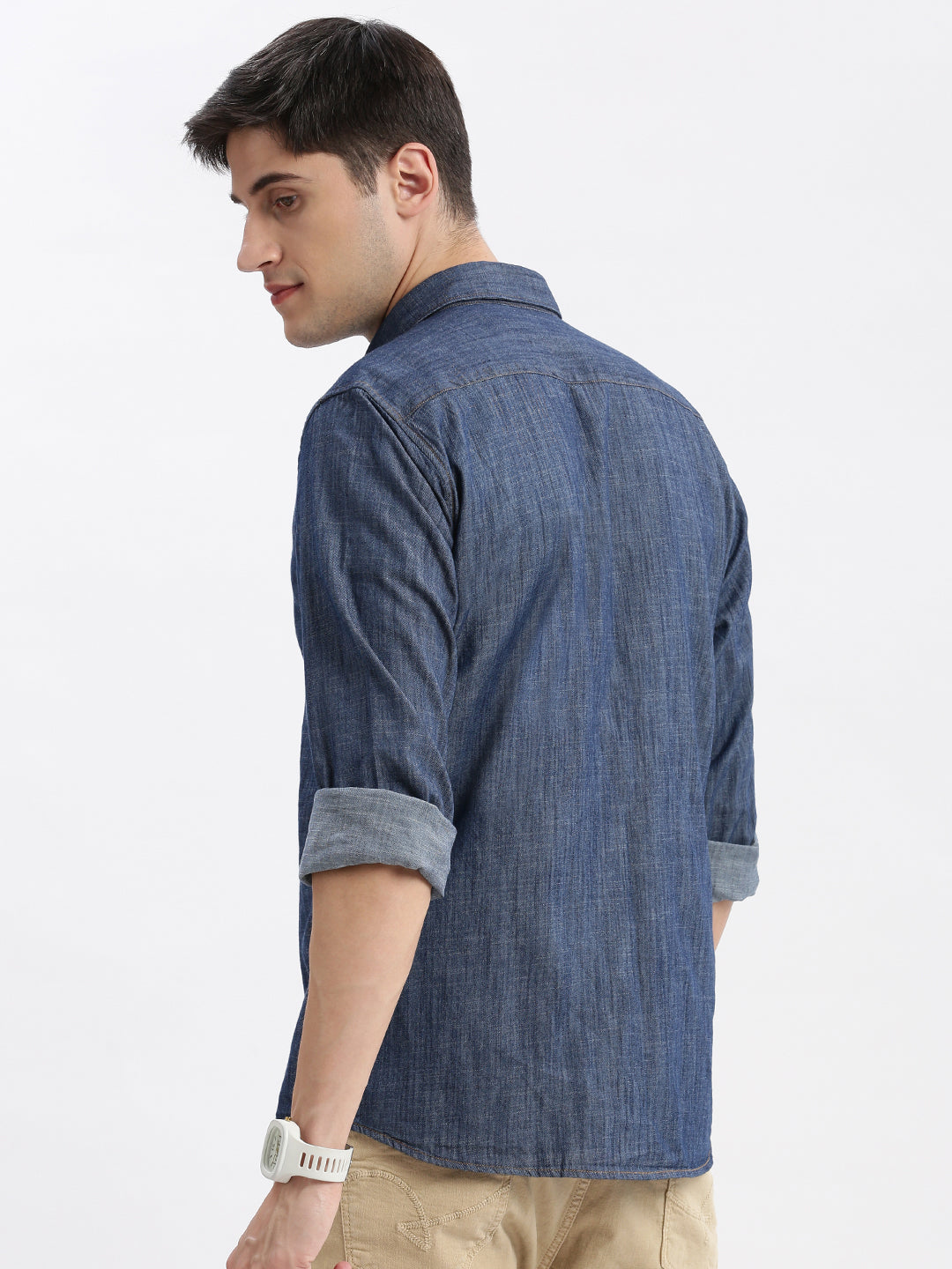 Men Spread Collar Solid Blue Shirt