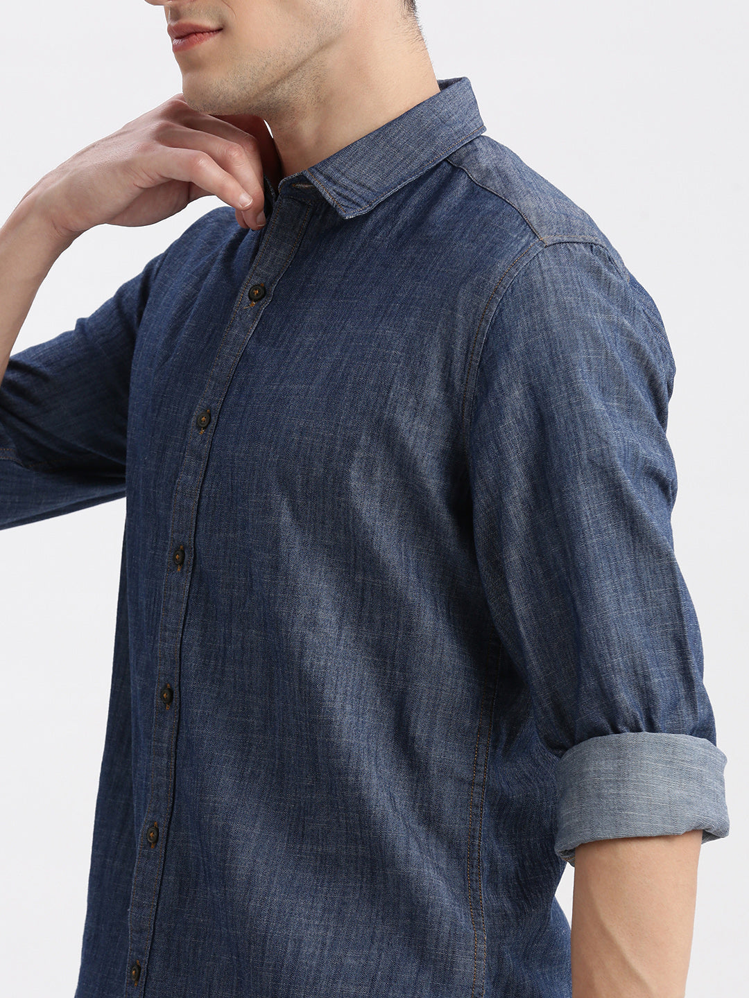 Men Spread Collar Solid Blue Shirt