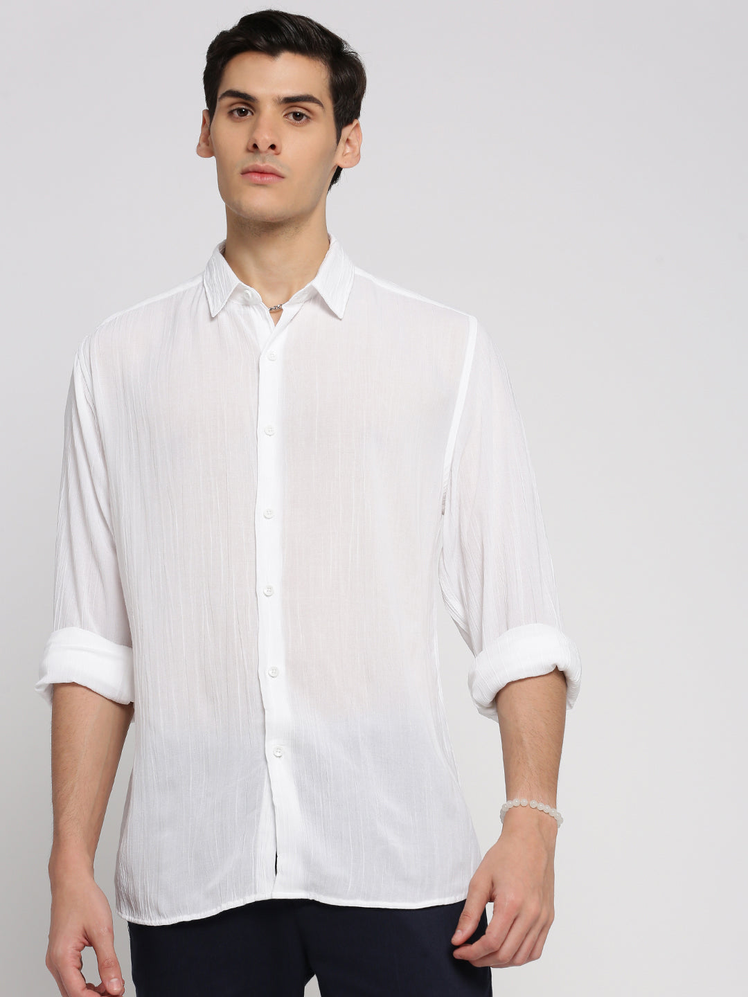 Men White Spread Collar Solid Shirt