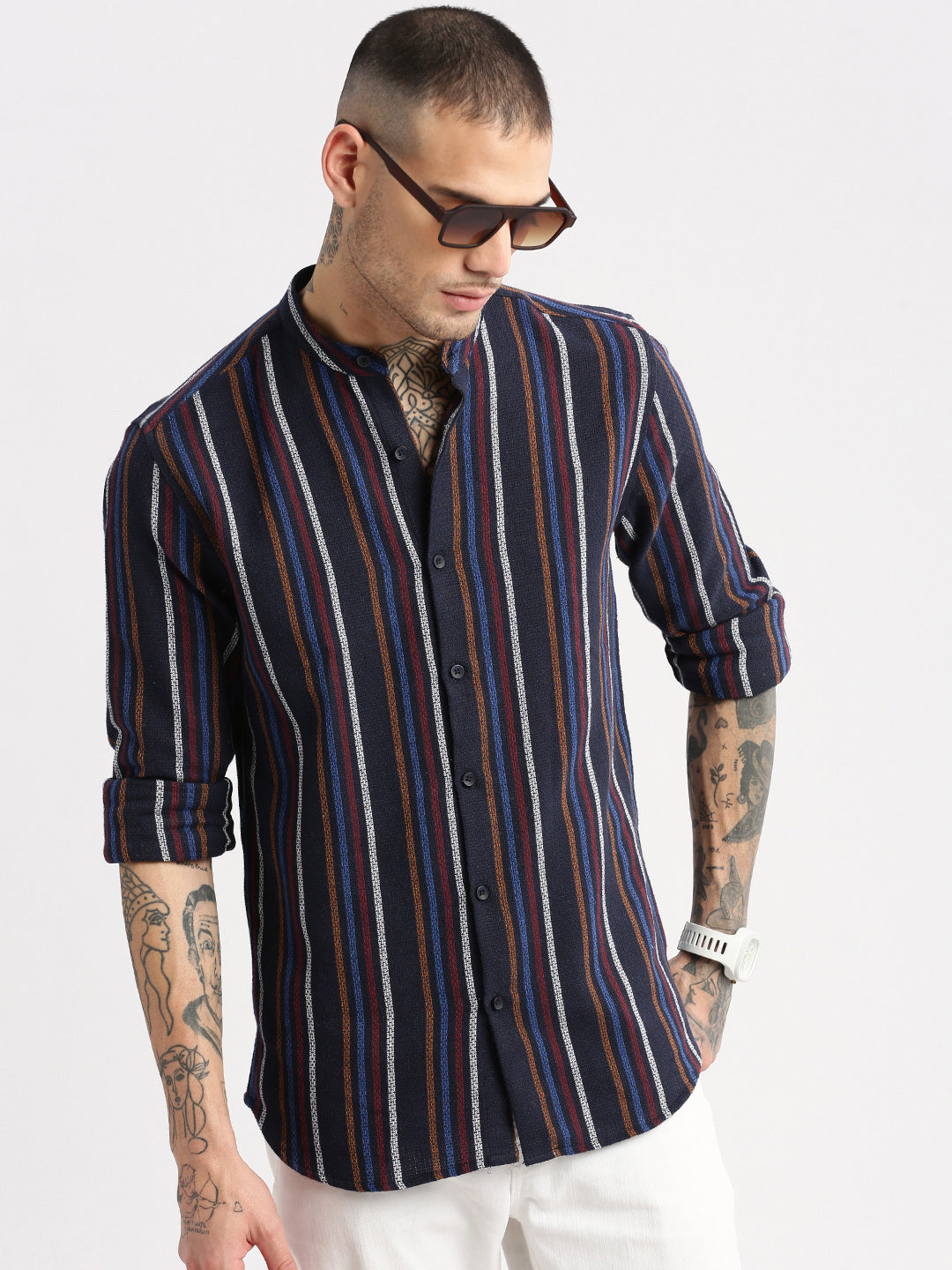 Men's Mandarin Collar Vertical Stripes Navy Blue Casual Shirt