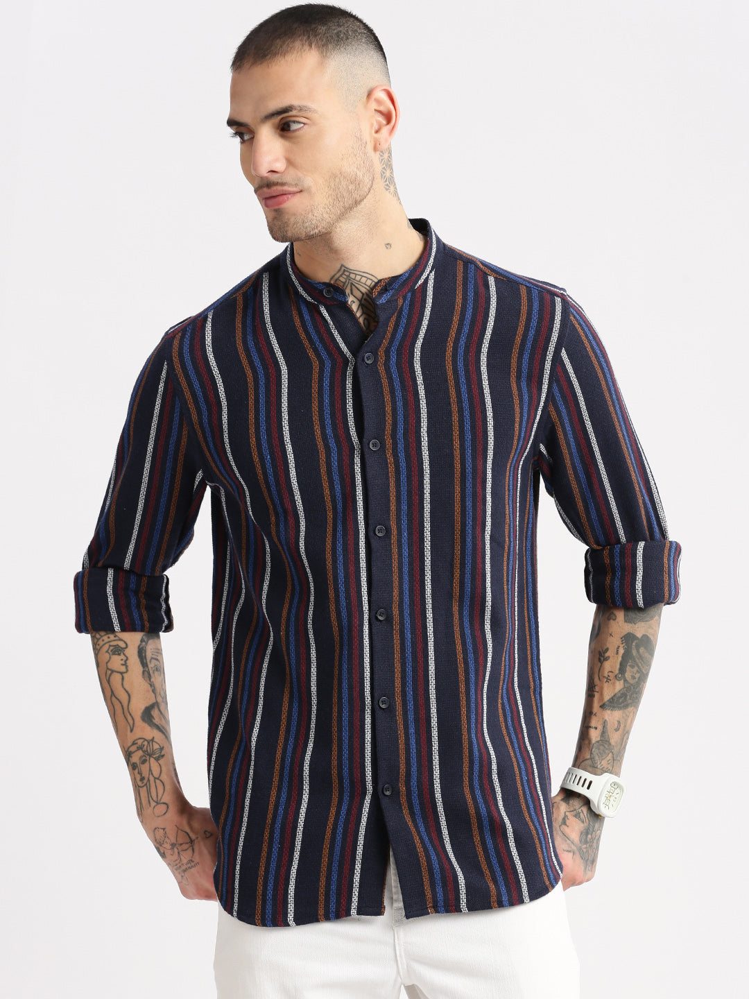 Men's Mandarin Collar Vertical Stripes Navy Blue Casual Shirt