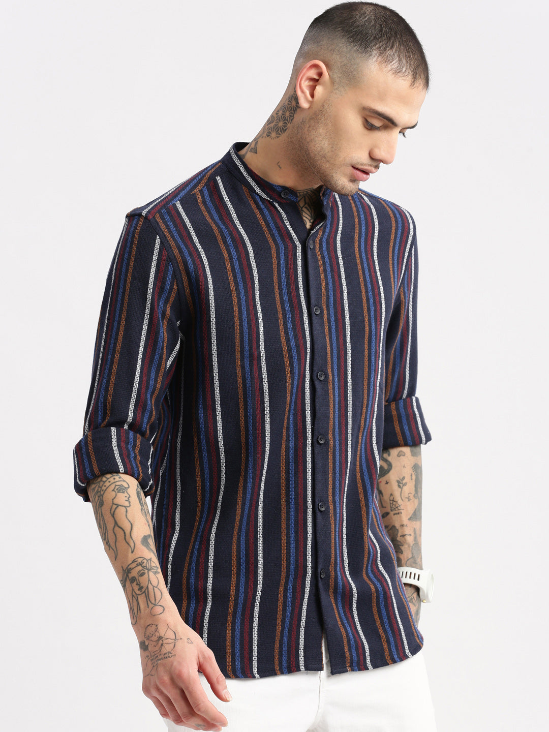 Men's Mandarin Collar Vertical Stripes Navy Blue Casual Shirt