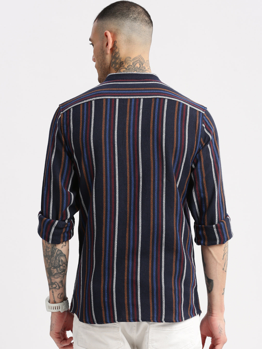 Men's Mandarin Collar Vertical Stripes Navy Blue Casual Shirt