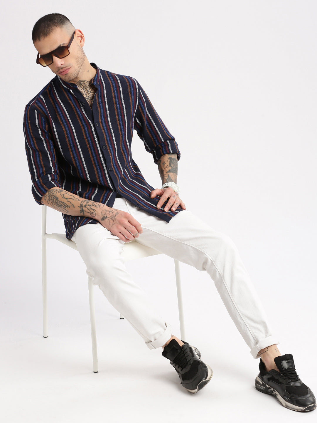 Men's Mandarin Collar Vertical Stripes Navy Blue Casual Shirt