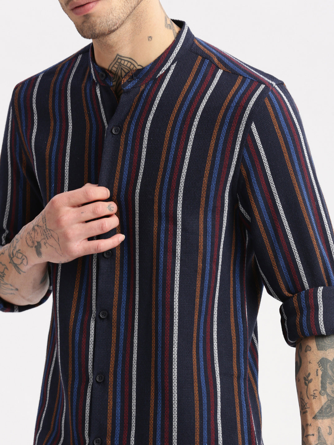 Men's Mandarin Collar Vertical Stripes Navy Blue Casual Shirt