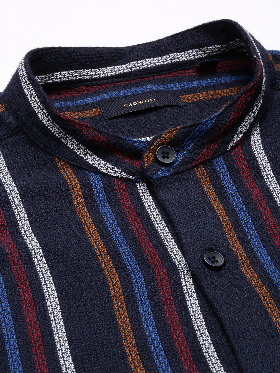 Men's Mandarin Collar Vertical Stripes Navy Blue Casual Shirt