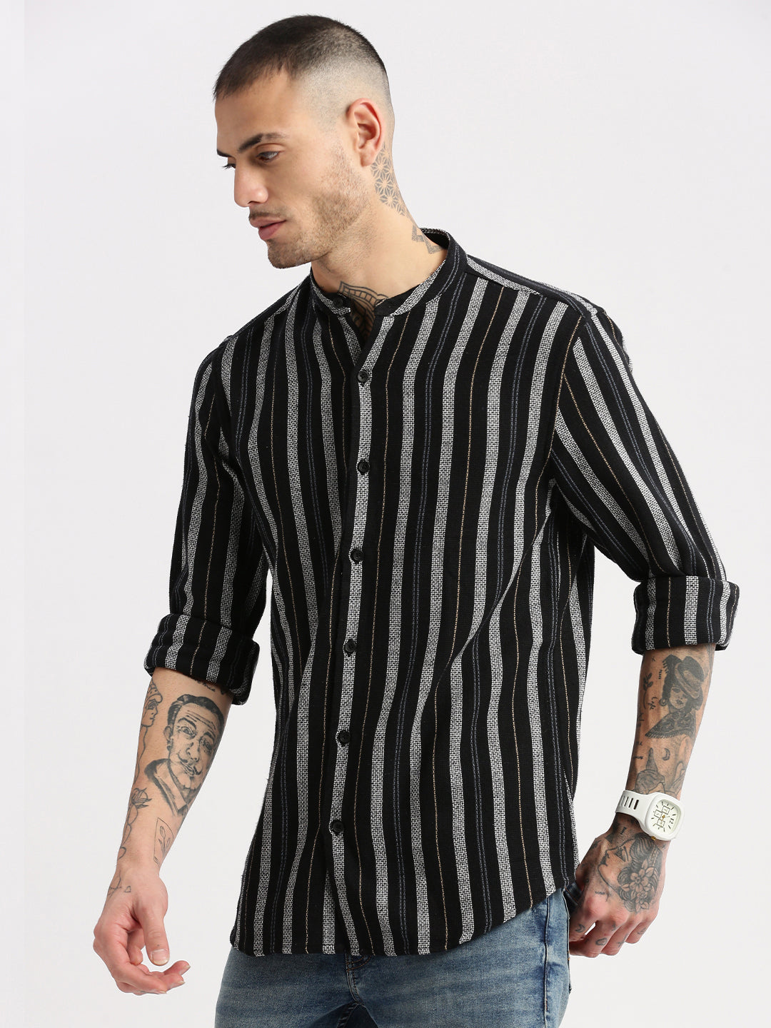 Men Mandarin Collar Vertical Stripes Black Casual Shirt