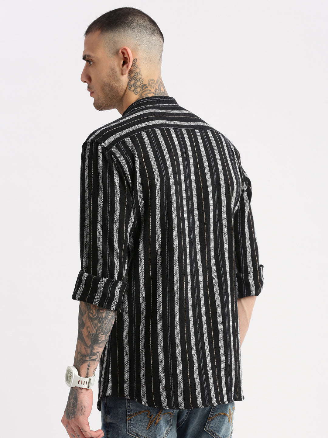 Men Mandarin Collar Vertical Stripes Black Casual Shirt