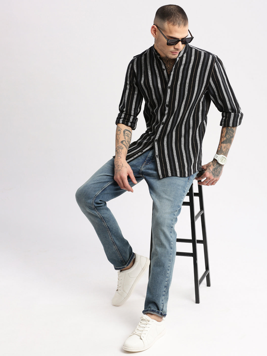 Men Mandarin Collar Vertical Stripes Black Casual Shirt