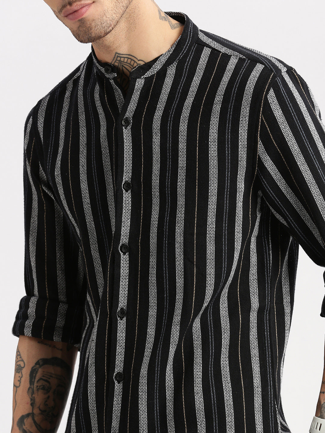 Men Mandarin Collar Vertical Stripes Black Casual Shirt