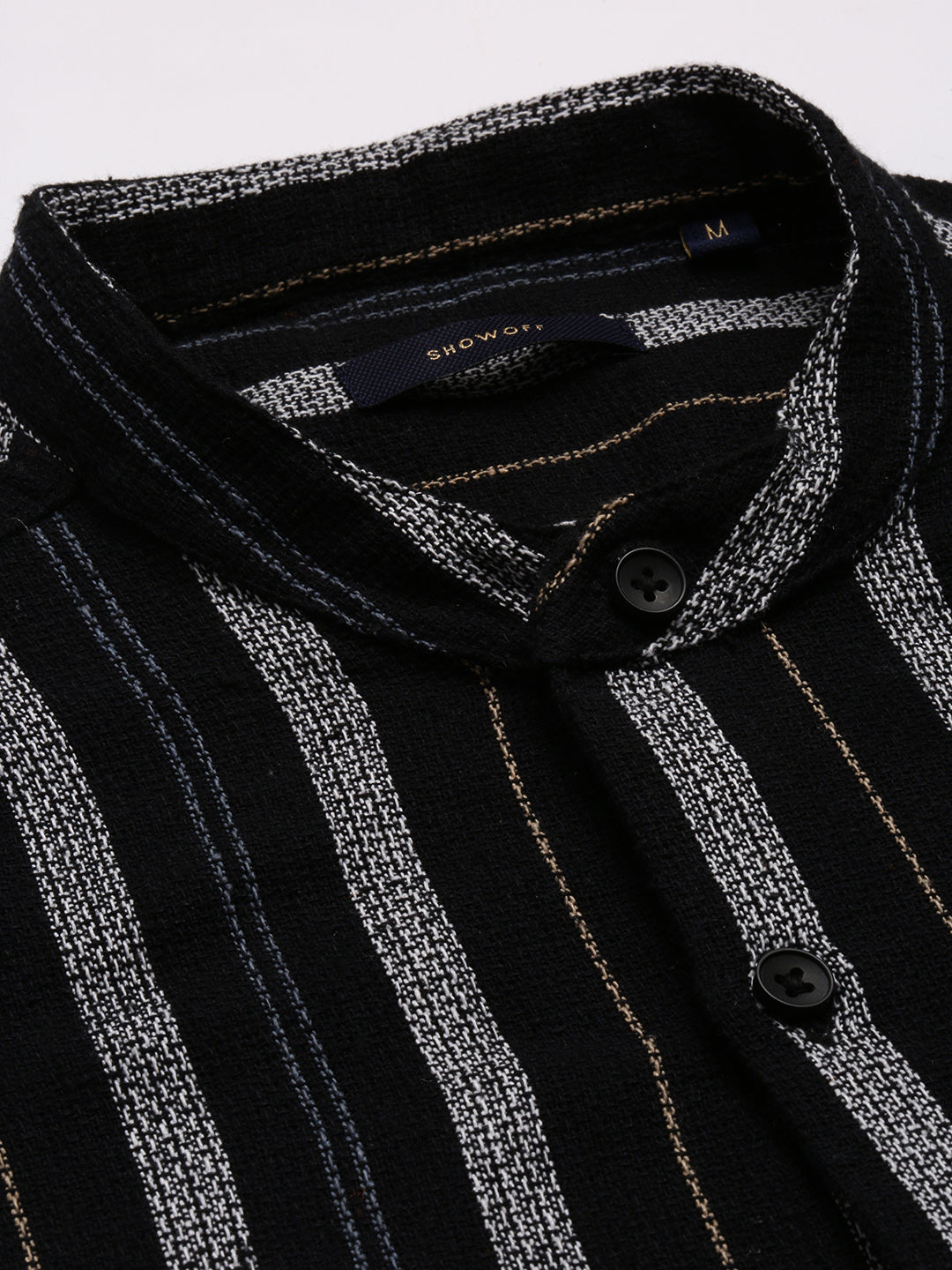 Men Mandarin Collar Vertical Stripes Black Casual Shirt