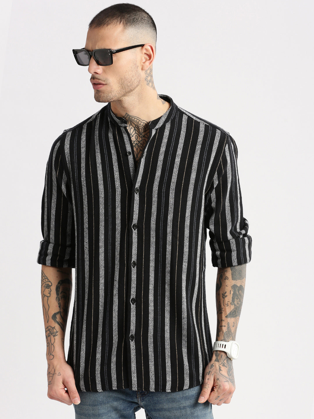 Men Mandarin Collar Vertical Stripes Black Casual Shirt