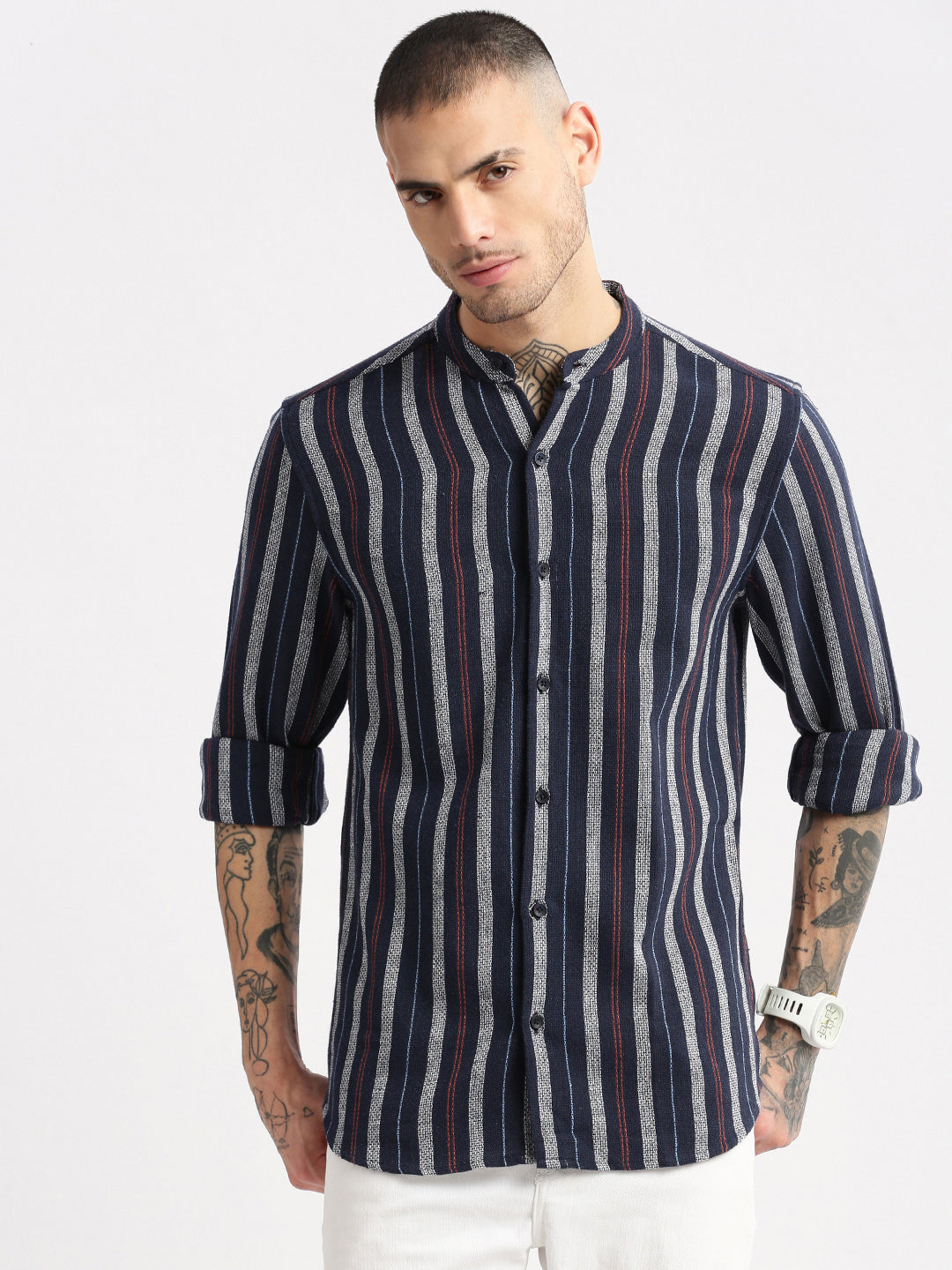 Men Mandarin Collar Vertical Stripes Navy Blue Casual Shirt