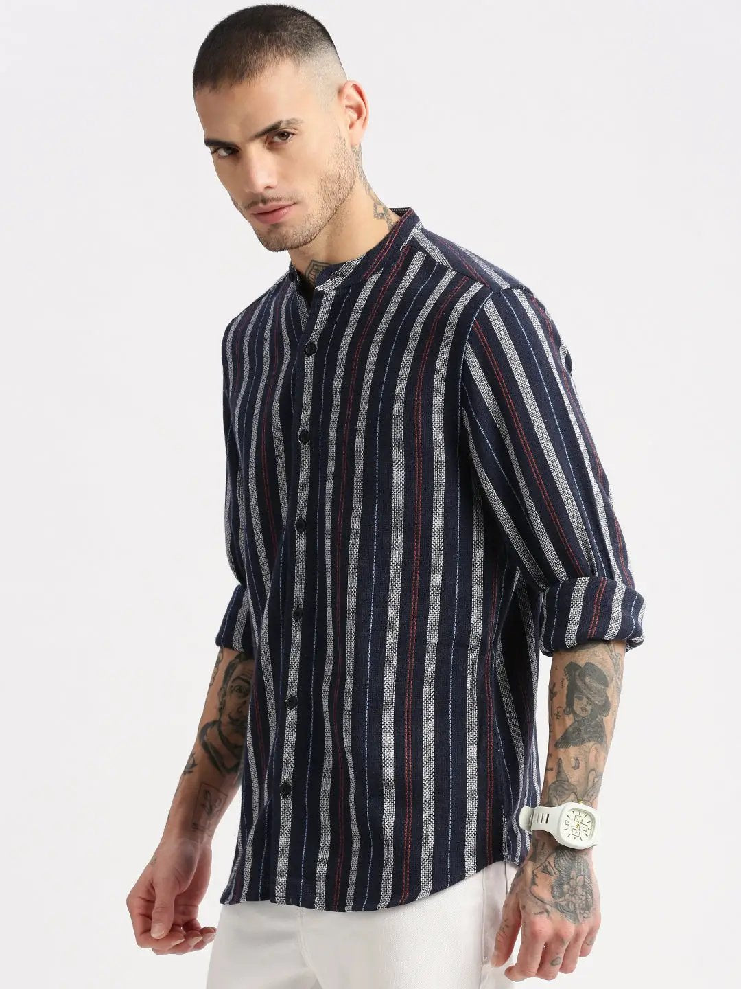 Men's Mandarin Collar Vertical Stripes Navy Blue Casual Shirt