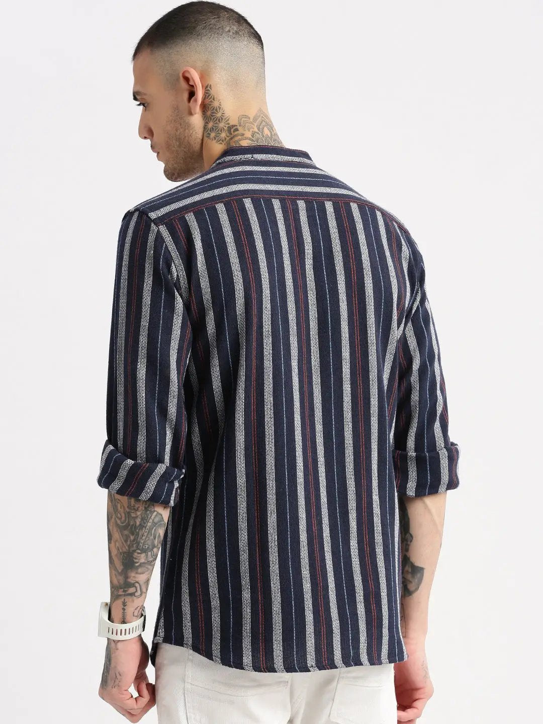 Men's Mandarin Collar Vertical Stripes Navy Blue Casual Shirt