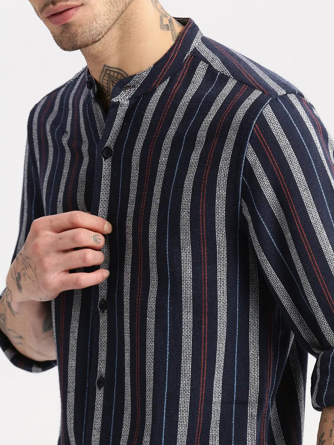 Men's Mandarin Collar Vertical Stripes Navy Blue Casual Shirt