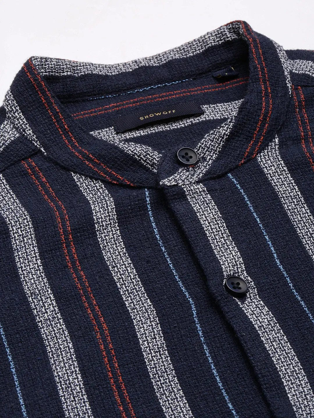 Men's Mandarin Collar Vertical Stripes Navy Blue Casual Shirt