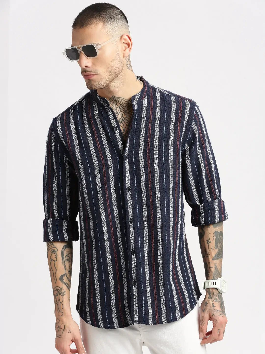 Men's Mandarin Collar Vertical Stripes Navy Blue Casual Shirt