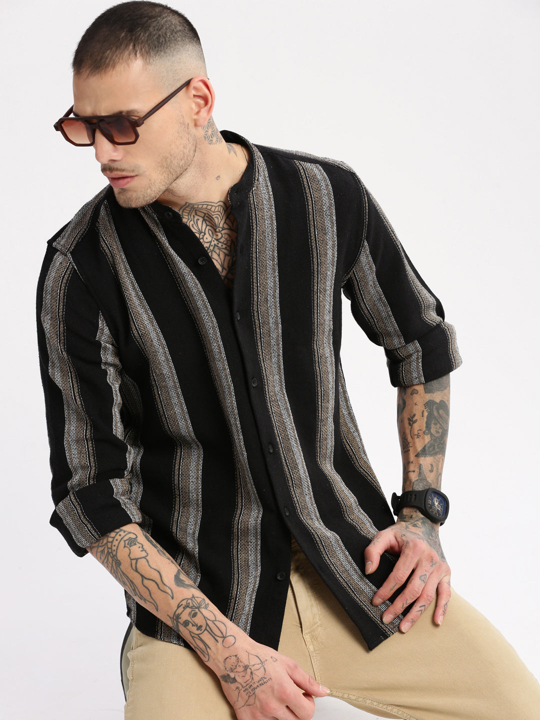 Men Mandarin Collar Vertical Stripes Black Casual Shirt