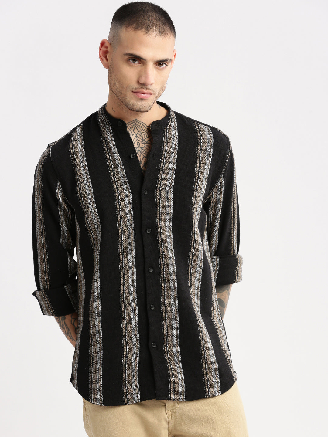 Men Mandarin Collar Vertical Stripes Black Casual Shirt