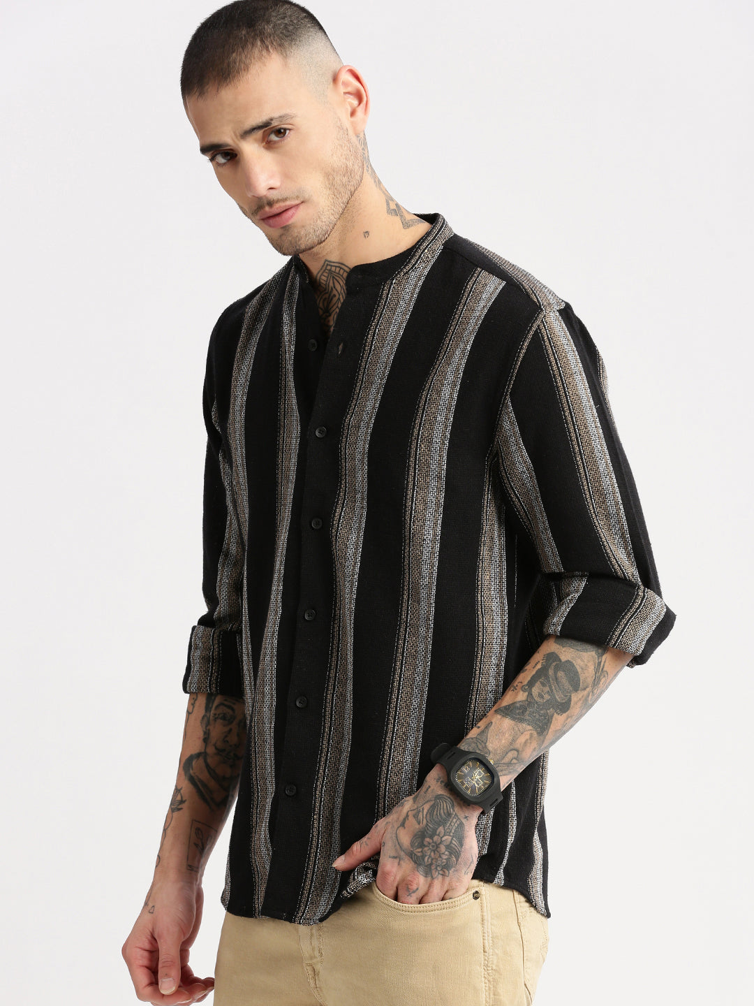 Men Mandarin Collar Vertical Stripes Black Casual Shirt