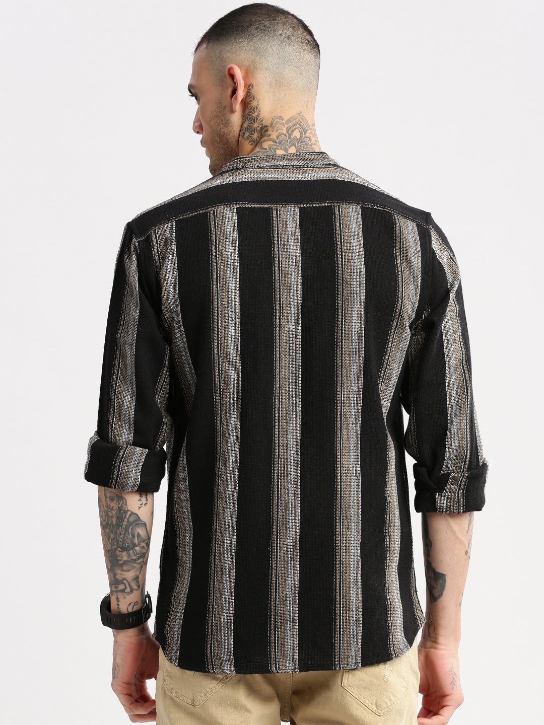 Men Mandarin Collar Vertical Stripes Black Casual Shirt