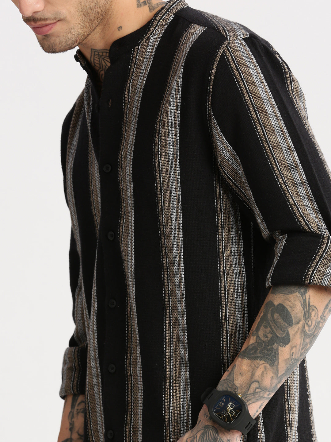 Men Mandarin Collar Vertical Stripes Black Casual Shirt