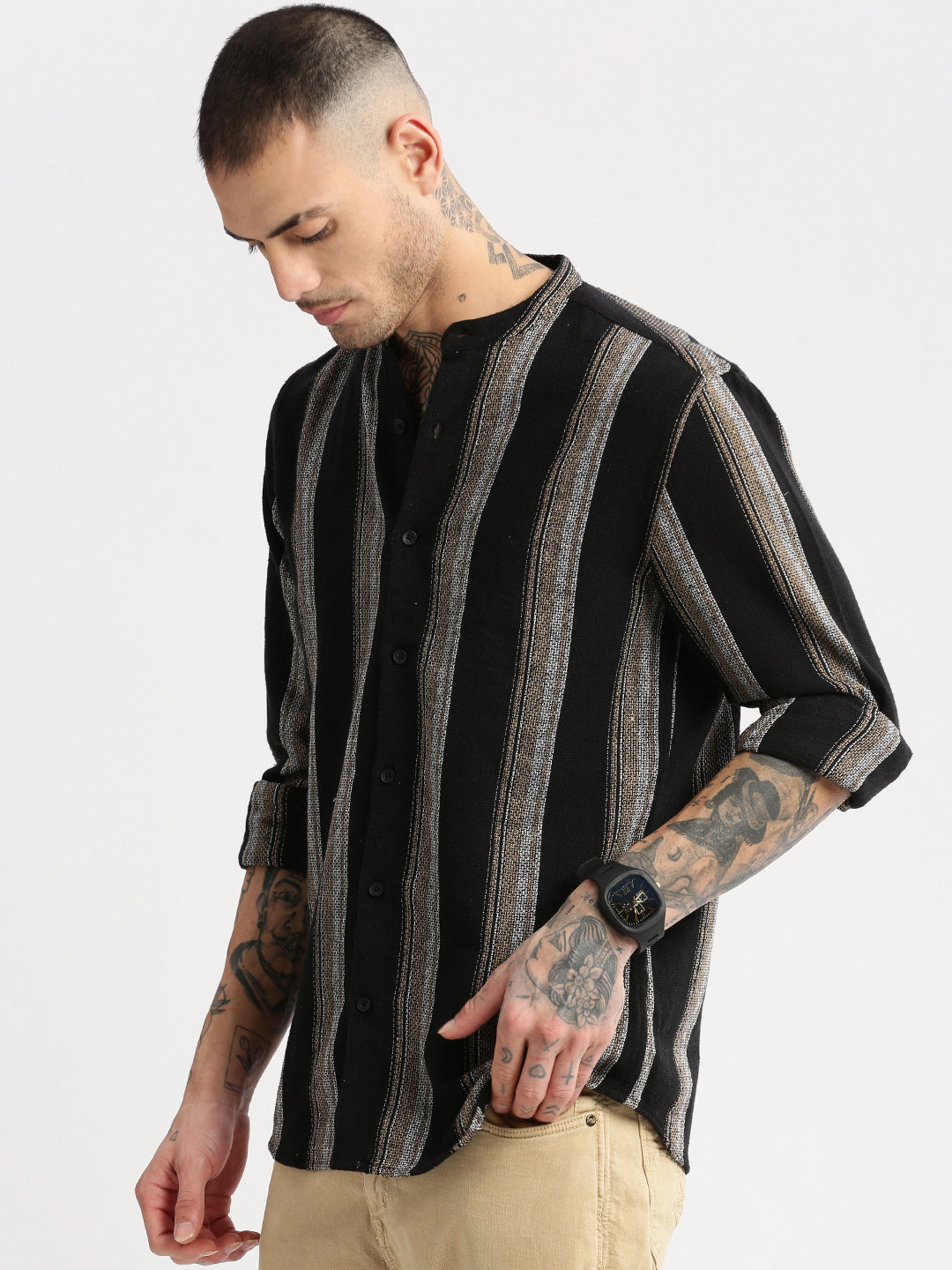 Men Mandarin Collar Vertical Stripes Black Casual Shirt