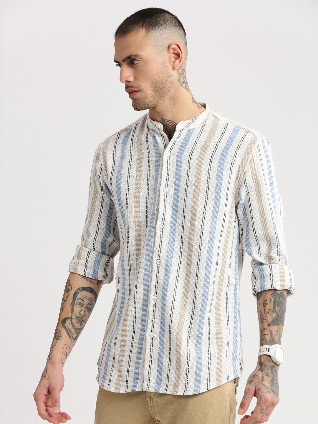 Men Mandarin Collar Vertical Stripes White Casual Shirt