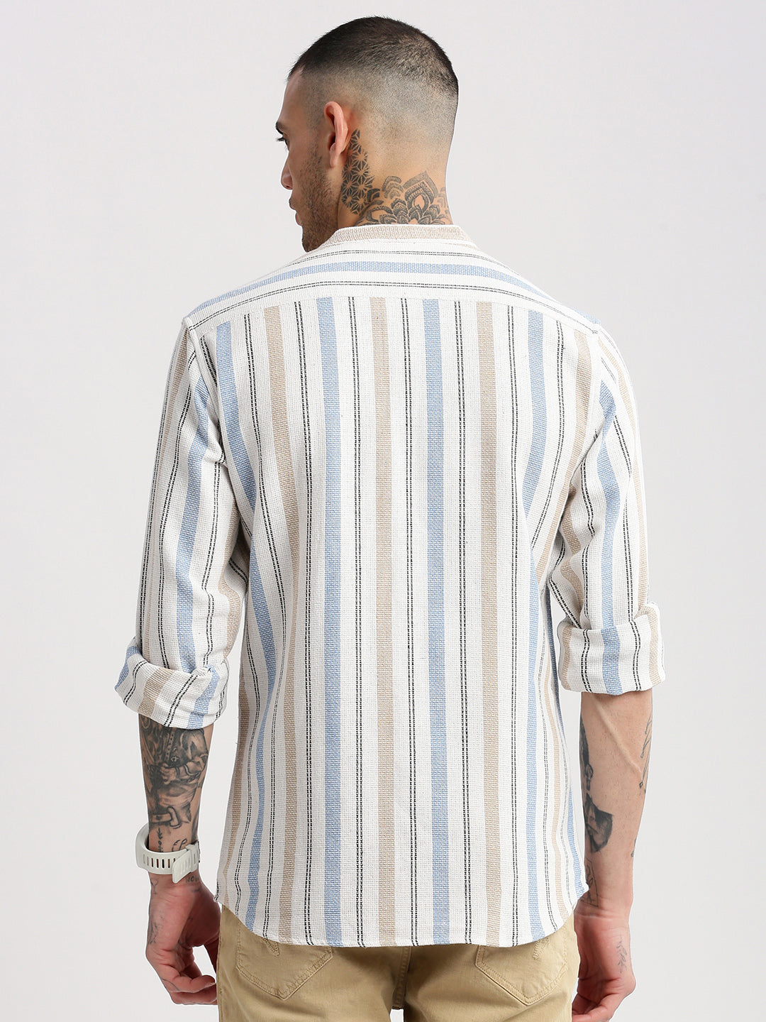 Men Mandarin Collar Vertical Stripes White Casual Shirt