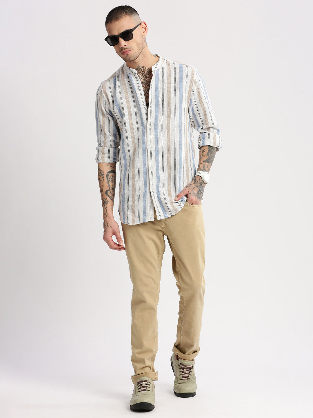 Men Mandarin Collar Vertical Stripes White Casual Shirt