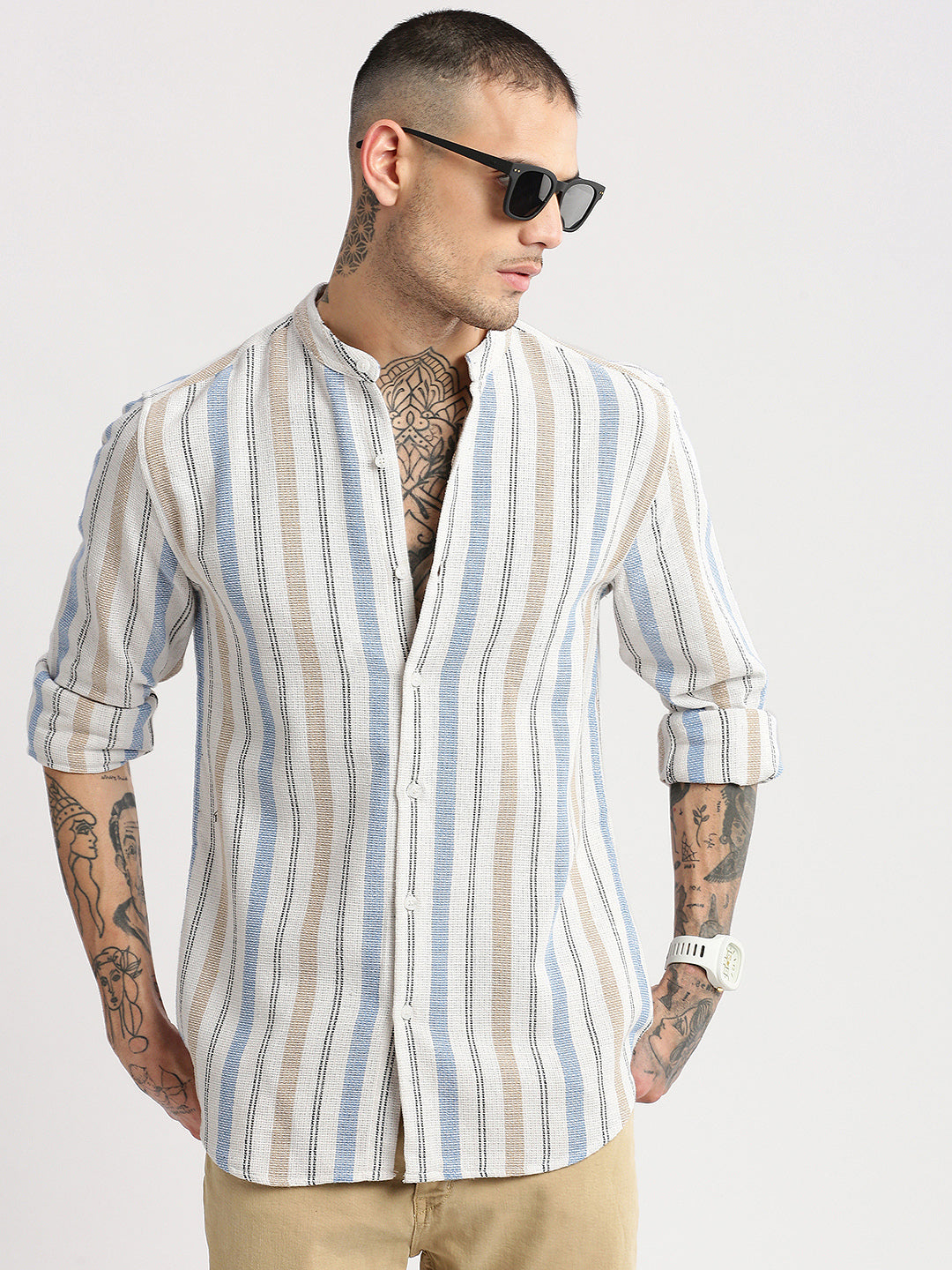 Men Mandarin Collar Vertical Stripes White Casual Shirt