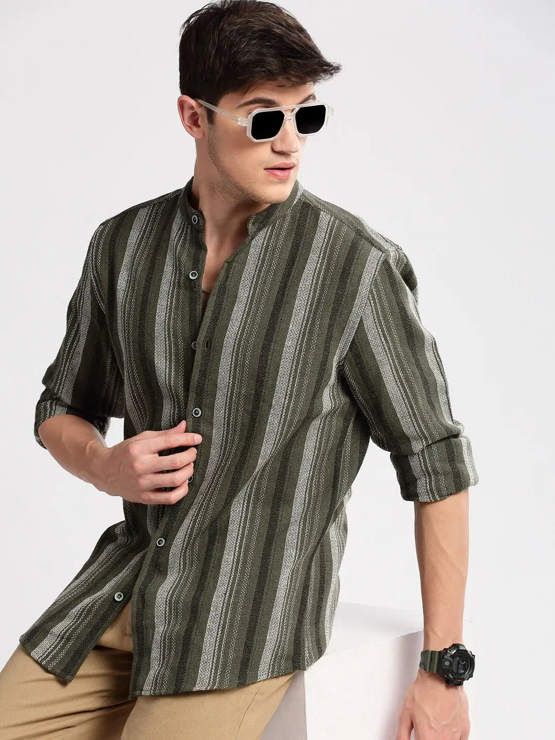 Men's Mandarin Collar Vertical Stripes Olive Casual Shirt
