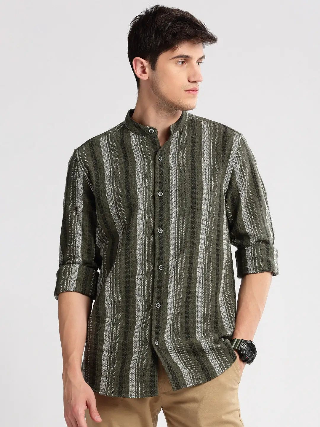 Men's Mandarin Collar Vertical Stripes Olive Casual Shirt