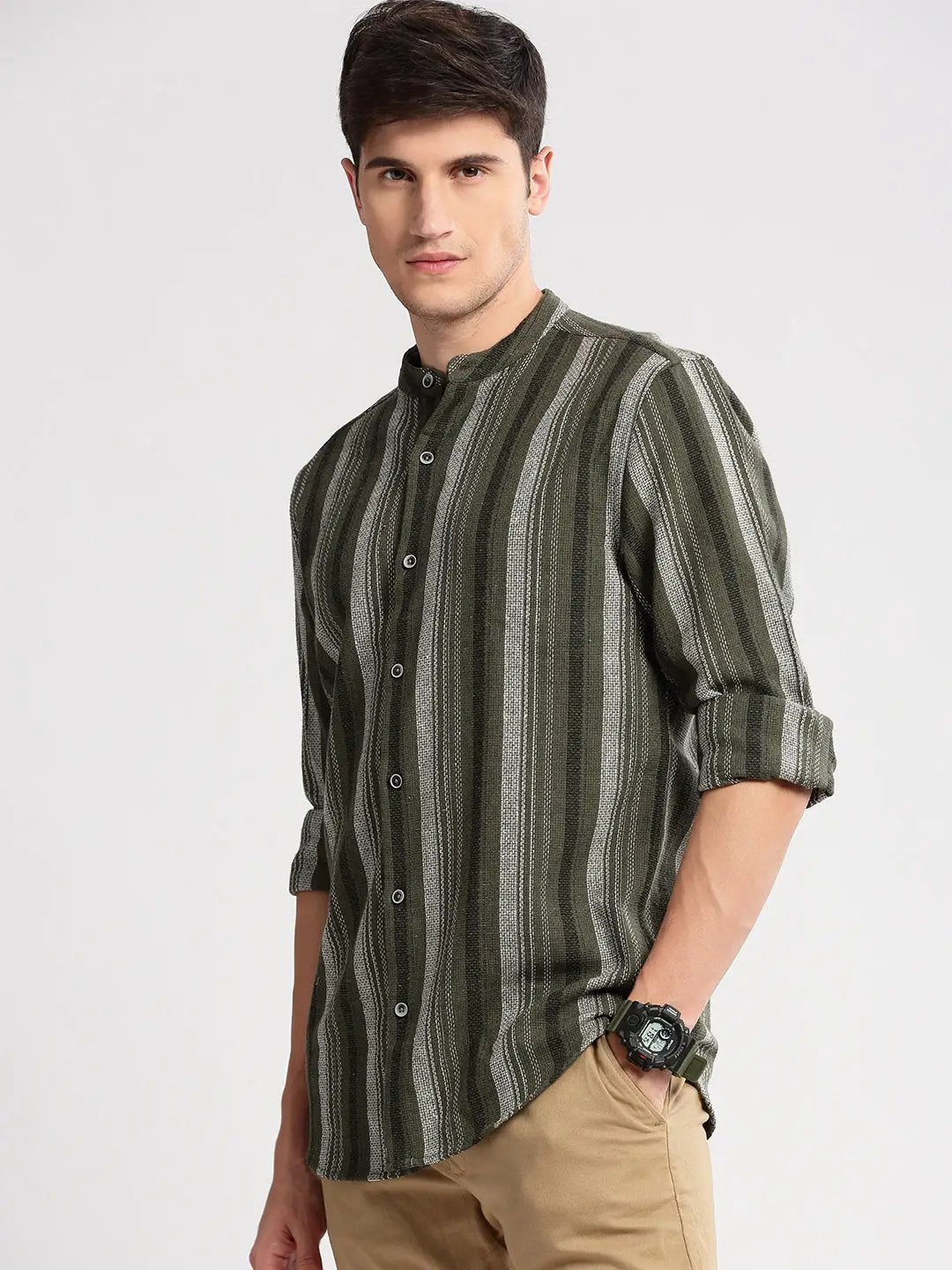 Men's Mandarin Collar Vertical Stripes Olive Casual Shirt