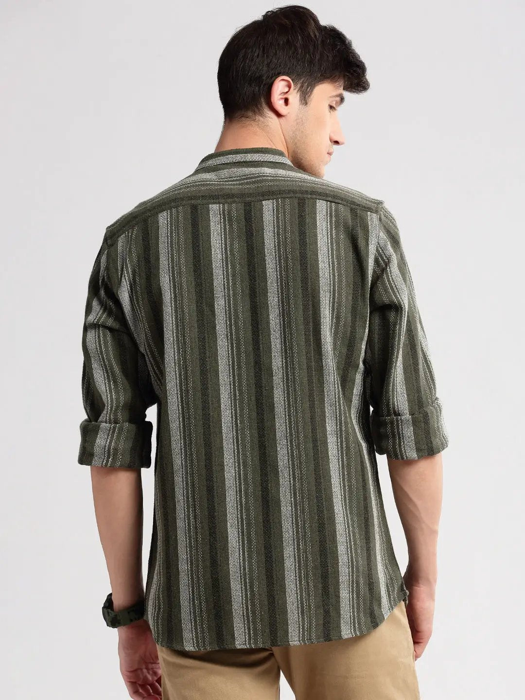 Men's Mandarin Collar Vertical Stripes Olive Casual Shirt