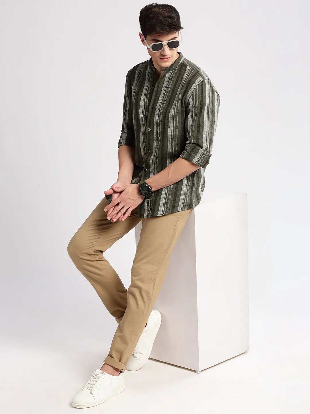 Men's Mandarin Collar Vertical Stripes Olive Casual Shirt
