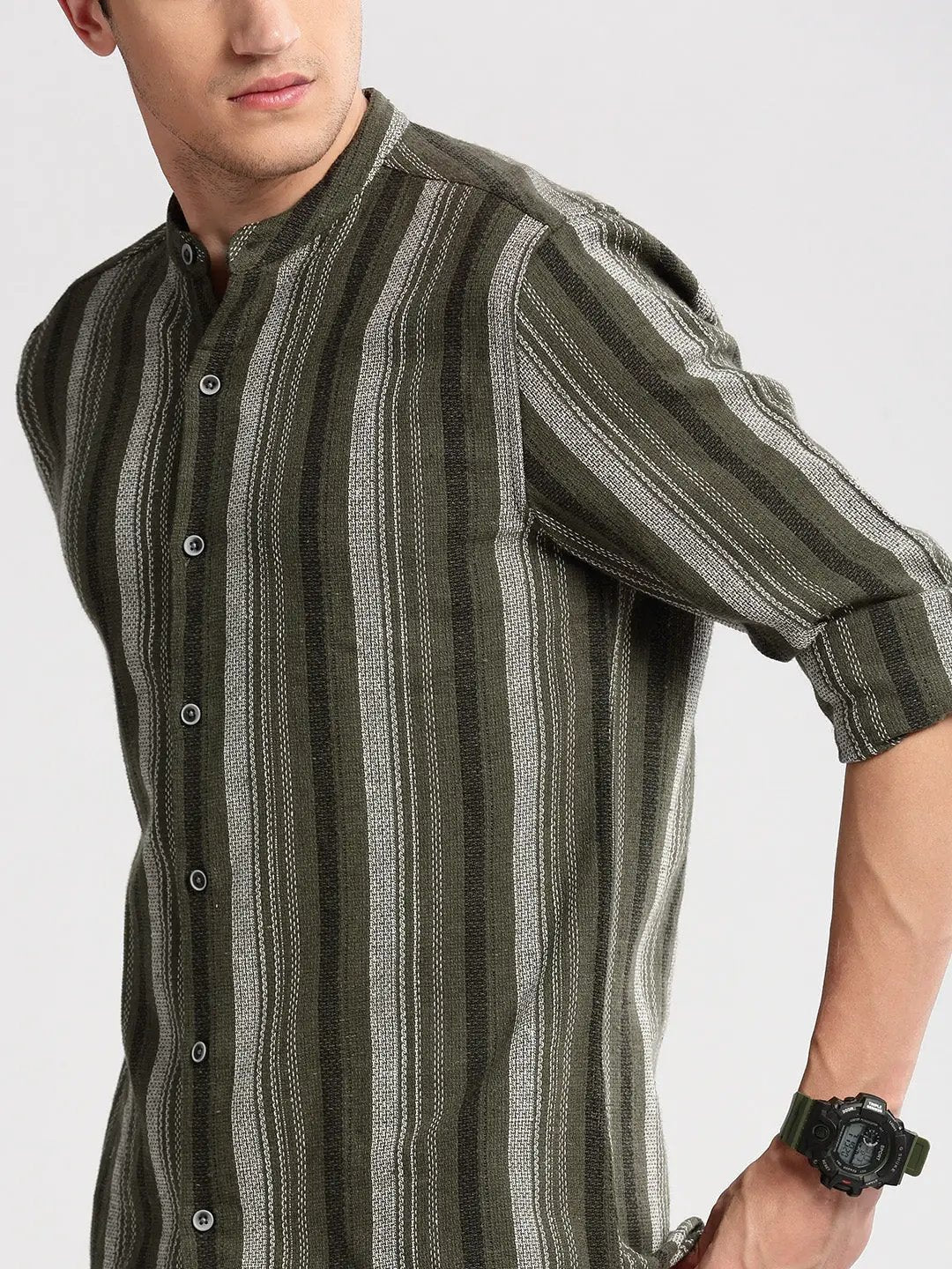 Men's Mandarin Collar Vertical Stripes Olive Casual Shirt