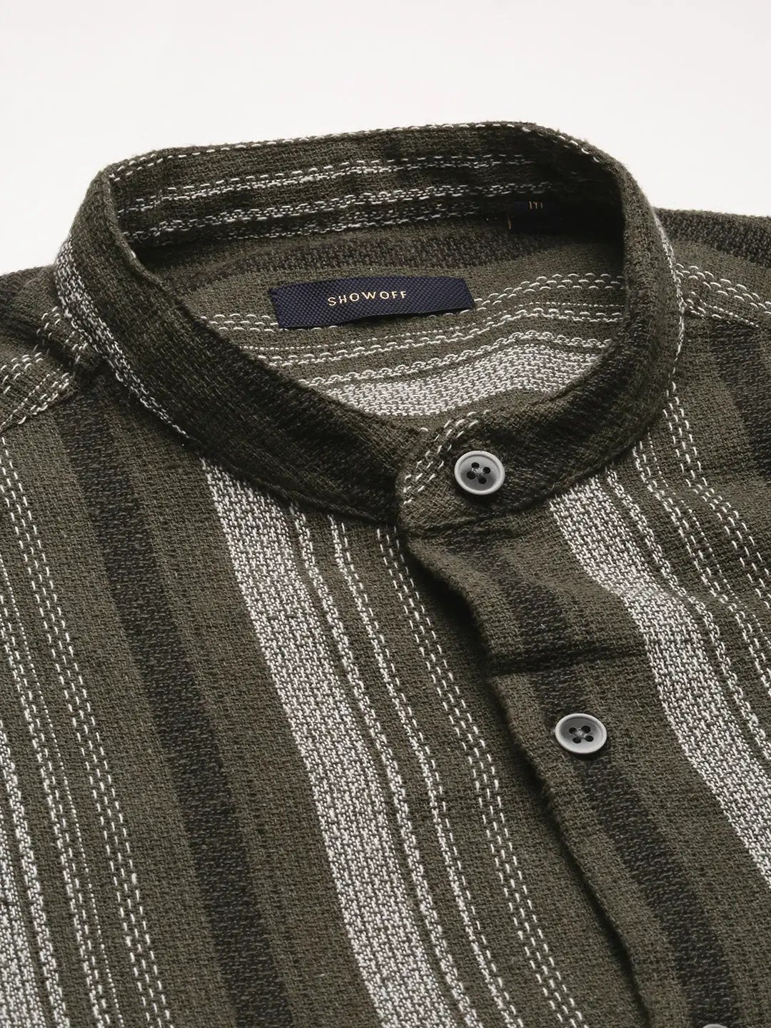 Men's Mandarin Collar Vertical Stripes Olive Casual Shirt