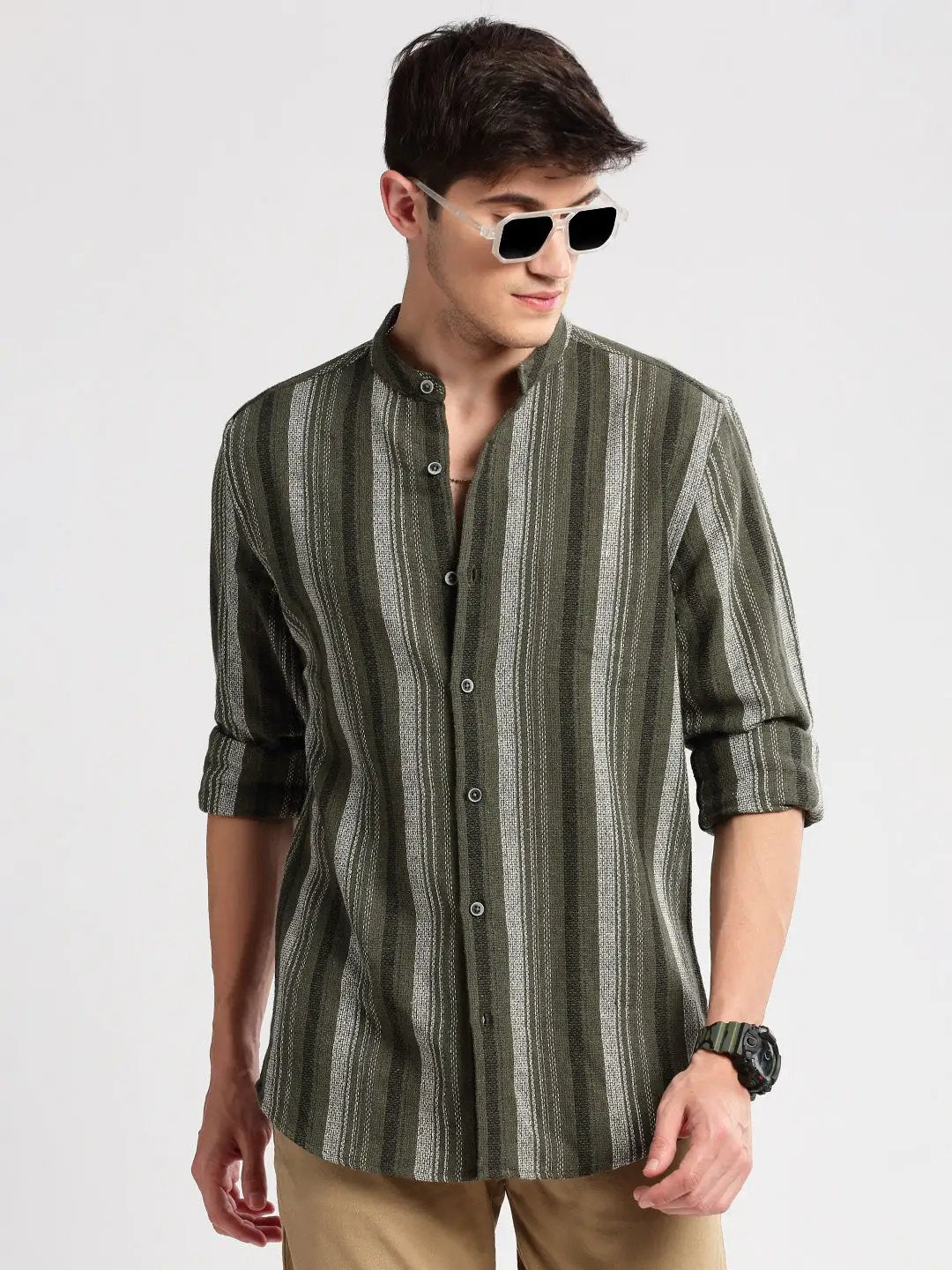 Men's Mandarin Collar Vertical Stripes Olive Casual Shirt