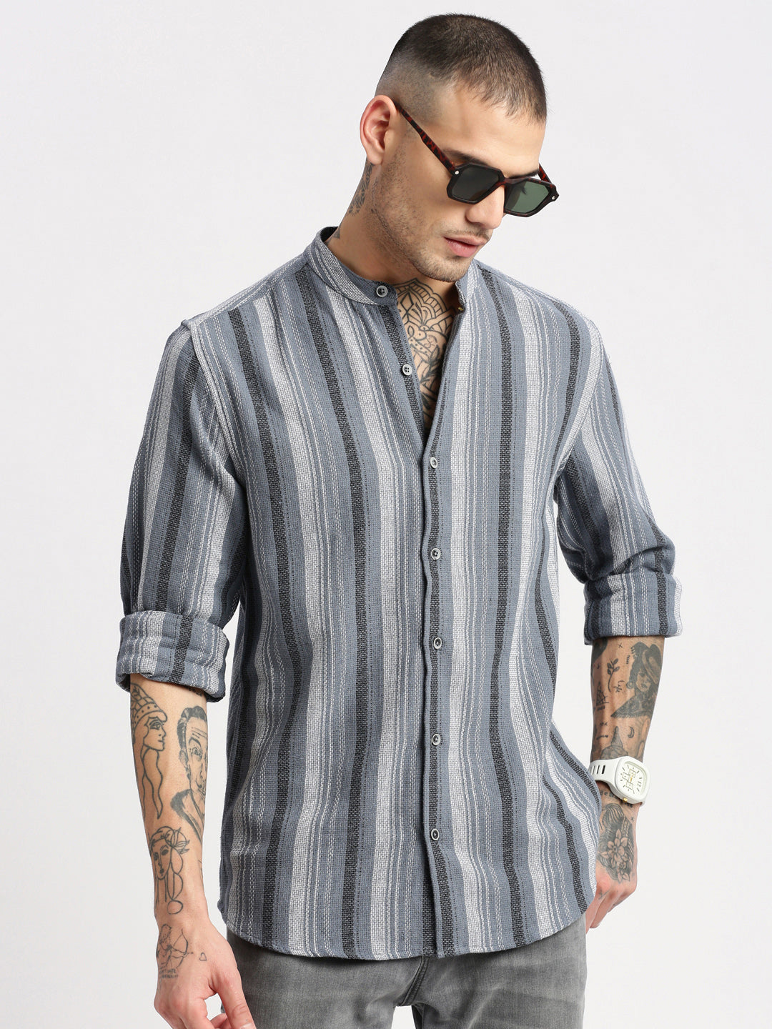 Men Mandarin Collar Vertical Stripes Grey Casual Shirt