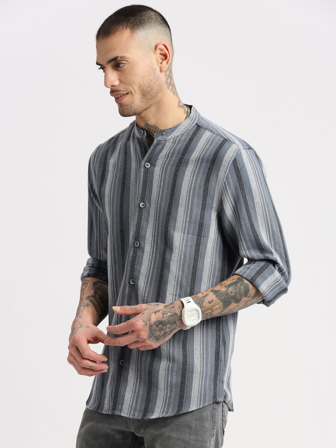 Men Mandarin Collar Vertical Stripes Grey Casual Shirt