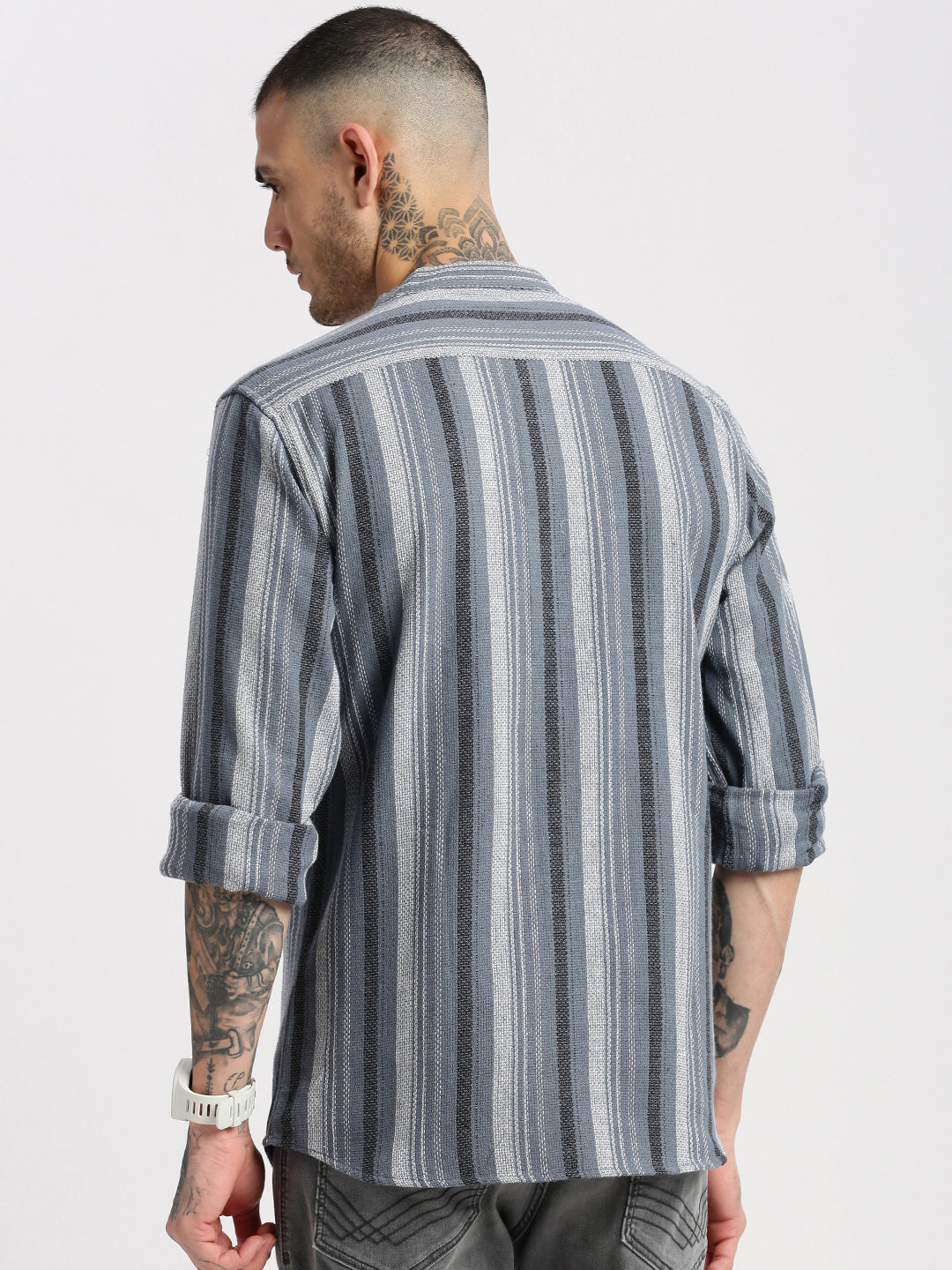 Men Mandarin Collar Vertical Stripes Grey Casual Shirt