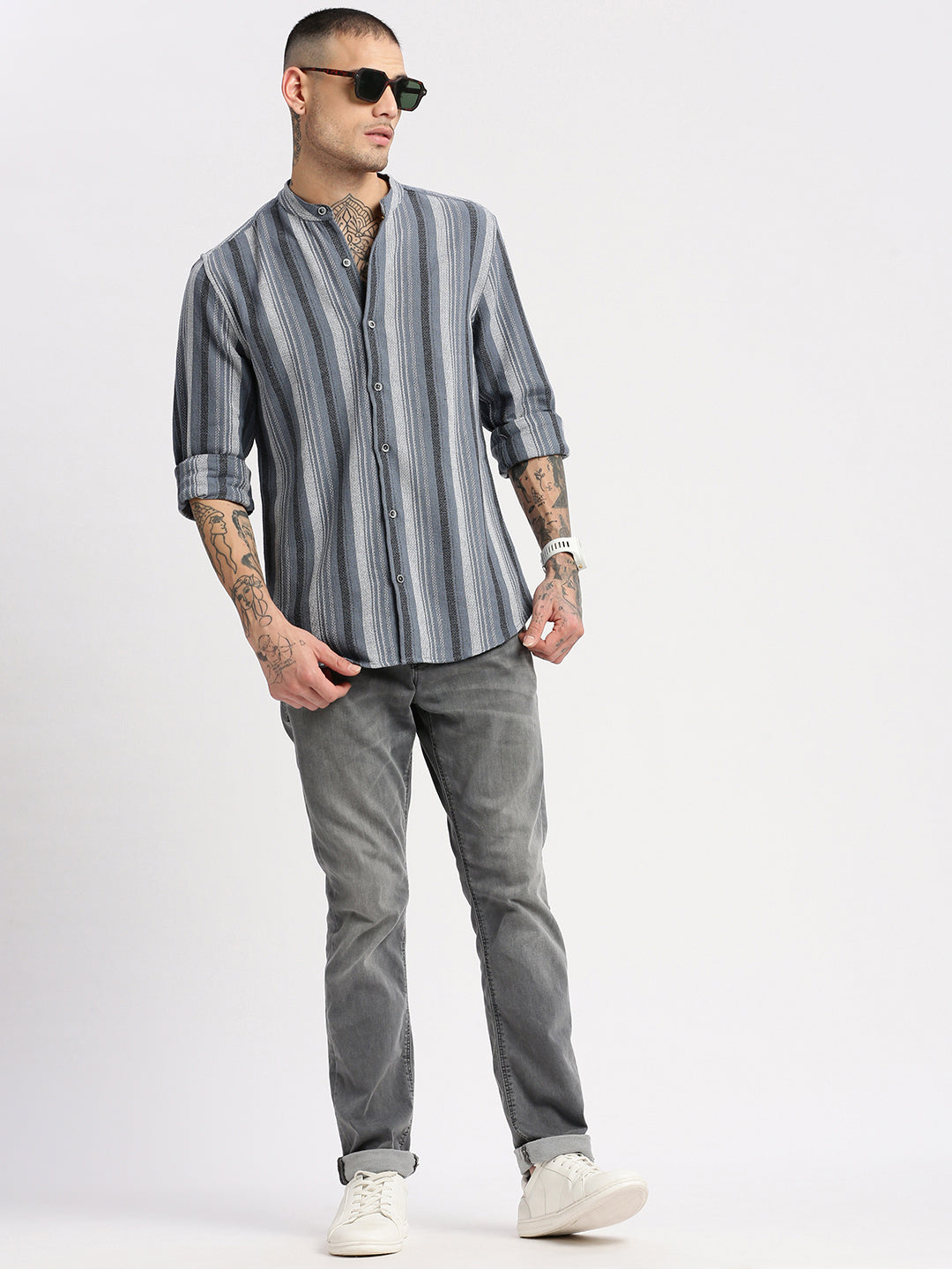 Men Mandarin Collar Vertical Stripes Grey Casual Shirt