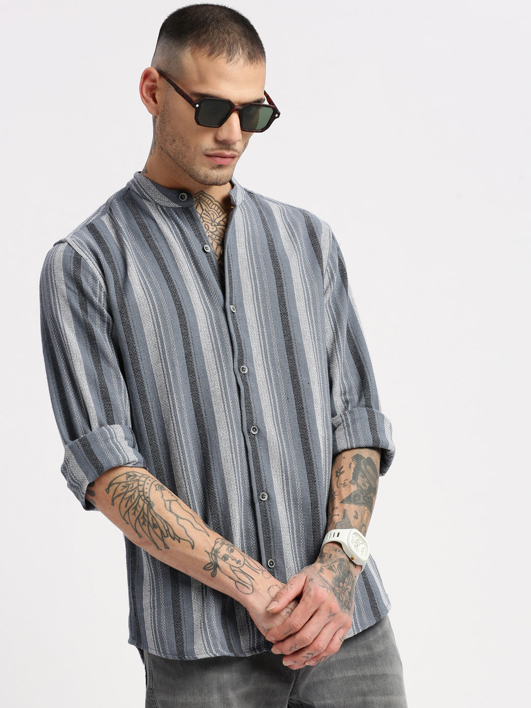 Men Mandarin Collar Vertical Stripes Grey Casual Shirt