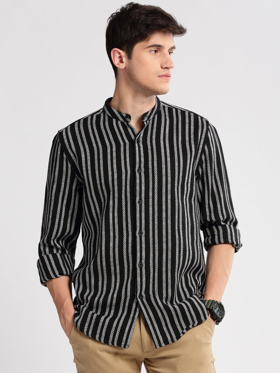 Men Mandarin Collar Vertical Stripes Black Casual Shirt