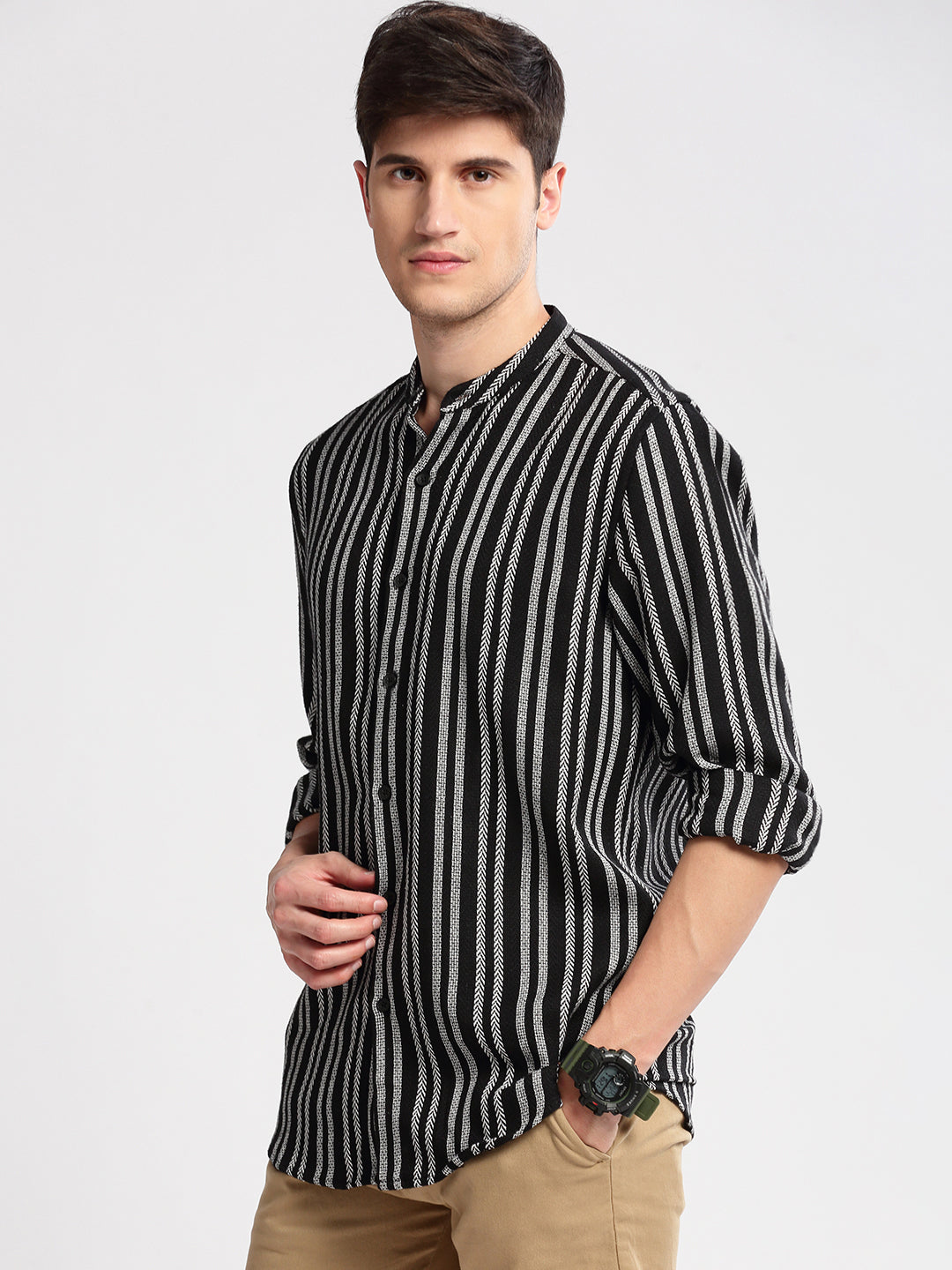 Men Mandarin Collar Vertical Stripes Black Casual Shirt